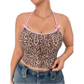 WDIRARA Women's Plus Size Leopard Print Bowknot Crop Halter Cami Top Y2k Sleeveless Camisole