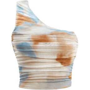 WDIRARA Women's Tie Dye Print One Shoulder Crop Tank Tops Slim Fit Ruched Tee Shirts