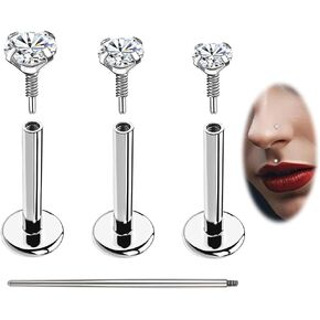 BodyAce F136 Titanium Labret Piercing Medusa Jewelry, Long Internally Threaded Tragus Earrings Stud, 16G 18G Lip Ring CZ Flat Back Nose Ashely Helix Jewelry