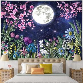 Boziqr Aesthetic Moon Flower Tapestry, Starry Sky Plant Floral Tapestry Wall Hanging For Bedroom, Nature Scenery Tapestry Wall Decor 60X40 Inches