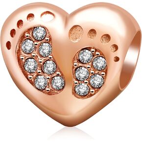 SOUKISS Rose Gold Footprint Heart Charm 925 Sterling Silver Christmas Family Love Charm Fits Bracelet