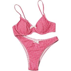 Women's 2 Piece Y2K Gingham Bow Front Bikini Set Underwire Bikini Thong Swimsuit High Waisted Bathing Suit Beachwear