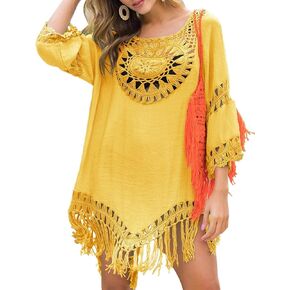 Womens Swimsuit Cover Up Crochet Bikini Coverups Summer Beach Bathing Suit Hollow Out Tassel Dress