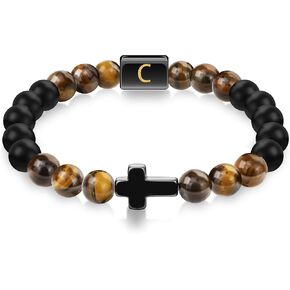 Cross Bracelet for Men - Letter A-Z Initial Bracelet for Men Tigers Eye Stone Beaded Bracelet Christian Bracelet for Men Mens Bracelet Jewelry Gifts for Men Dad Father Boyfriend Husband Son