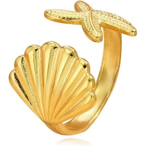 Starfish Seashell Ring for Women Opening Seashell Ring Adjustable Statement Ring Gold Silver Boho Ring Summer Beach Ocean Jewelry