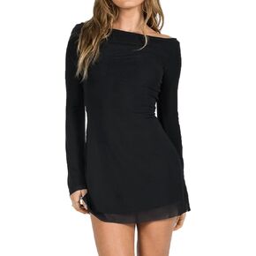 Women Sexy Boat Neck Backless Mesh Mini Dress Solid Slim Fit Bell Long Sleeve Self Tie Back Sheer Short Dresses in Kuwait