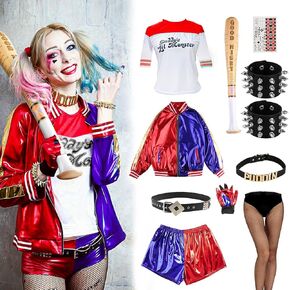 11PCS Halloween Hrrlry Costumes Cosplay Set Women T-shirt Jacket Shorts Adjustable Leather Puddin Choker Bracelet