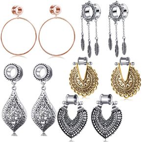 5 Pairs Stainless Steel Ear Tunnels Dangle Gauges For Women Rose Gold Hoop Double Flare Plugs Stretcher 00g Piercing Set (10mm=00g)