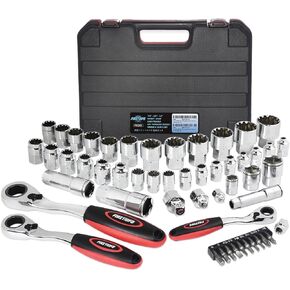 FIRSTINFO F32283 Low Profile Pass-Through Socket Wrench 52 Pcs Set SAE/Metric, 1/4" 3/8" 1/2" Wrench, Spline Sockets For Damaged Fasteners