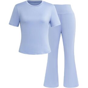 Women's 2 Piece Lounge Sets Y2k Short Sleeve Crop Top Foldover Flare Pants Fashion Casual Pajama Outfits