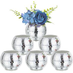 Disco Ball Vase for Party Decoration: Glasseam Silver Flower Vases for Centerpieces Wedding Birthday Table Decor - Set of 6 Small Glass Mirror Disco Ball Planter for Flowers Dinning Room