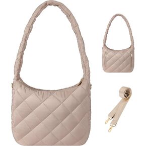 MoKo Puffer Tote Bag with Detachable Strap Small Puffy Crossbody Shoulder Bag, Lightweight Soft Quilted Padding Hobo Bag with Multiple Pockets up to 11inch iPad/Tablets, Coffee