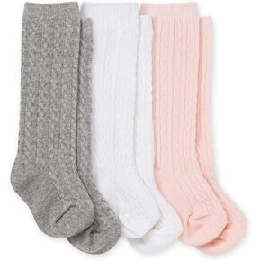 Burt's Bees Baby Baby Girls' Set of 3 Cable Knit Knee-high Organic Cotton Stockings Socks