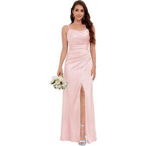 Women's Satin Bridesmaid Dresses with Slit Mermaid Prom Dress Long Ruched Wedding Guest Gown