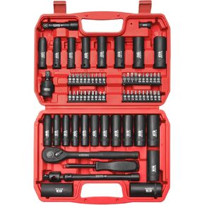 70pcs 3/8" Drive Impact Socket Set,Standard SAE(5/16 to 3/4-Inch) Metric Size(8-22mm), CR-V Steel Deep Socket Kit, Adapters, Ratchet Handle, Screwdriver Bit Set, Sliding T Bar, 6 Point