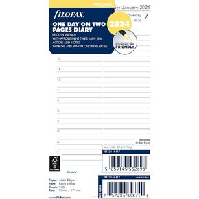Filofax Calendar Diary Refill, Personal/Compact Size, Day on Two Pages with Appointments, White Paper, Bilingual, 2025 (C68417-25)