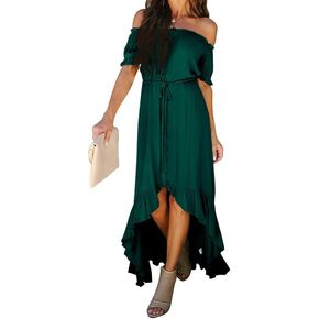 Dokotoo Womens 2024 Off The Shoulder Casual Short Sleeve Maxi Dress High Low Solid Cocktail Skater Dresses