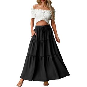 Lepunuo Womens Casual Boho High Waisted Flowy Maxi Skirts Trendy Floral Cute Long Skirts with Pockets
