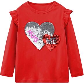 Mrocioa Valentine's Day Shirt for Girl Heart Flip Sequin Ruffle Tops Kids Long Sleeve Blouse for 2-8 Years