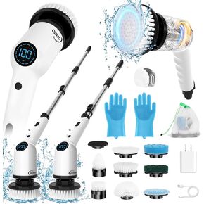 Electric Spin Scrubber, 9 in 1 Cordless Cleaning Brush with Type C USB Port, Charger, Gloves, 3 Adjustable Speed, LED Display, Electric Scrubber for Cleaning Bathroom Tub Tile Floor