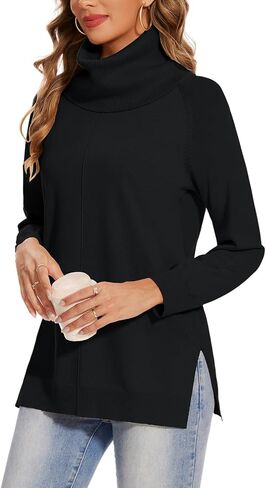 MINTLIMIT Women's Turtleneck Sweater Long Sleeve Split Hem Knit Sweater Casual Fall Fashion Basic Pullover Jumper Tops in Kuwait