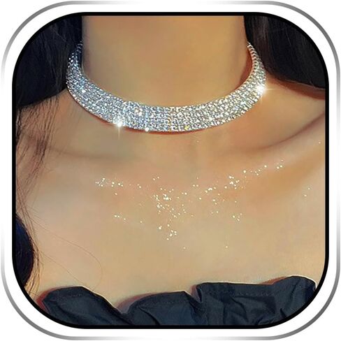 JEAIRTS Rhinestone Choker Necklace Silver Sparkly Rhinestone Multi-Row Necklaces Chain Bling Crystal Chokers Fashion Minimalist Party Prom Jewelry Accessories for Women in Kuwait