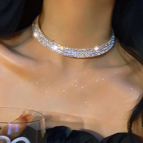 JEAIRTS Rhinestone Choker Necklace Silver Sparkly Rhinestone Multi-Row Necklaces Chain Bling Crystal Chokers Fashion Minimalist Party Prom Jewelry Accessories for Women in Kuwait