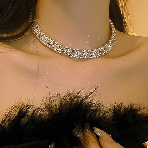 JEAIRTS Rhinestone Choker Necklace Silver Sparkly Rhinestone Multi-Row Necklaces Chain Bling Crystal Chokers Fashion Minimalist Party Prom Jewelry Accessories for Women in Kuwait