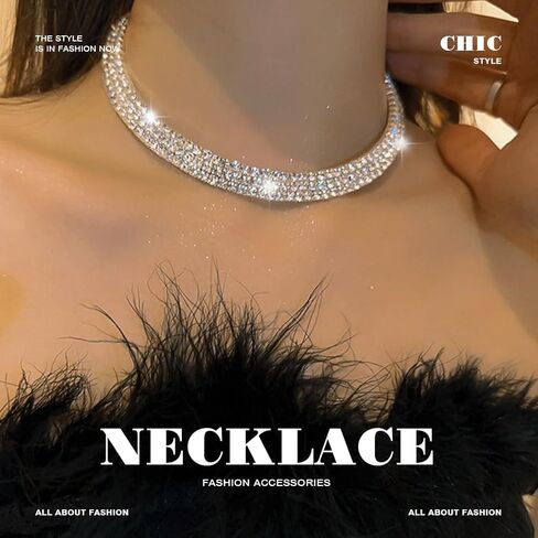 JEAIRTS Rhinestone Choker Necklace Silver Sparkly Rhinestone Multi-Row Necklaces Chain Bling Crystal Chokers Fashion Minimalist Party Prom Jewelry Accessories for Women in Kuwait