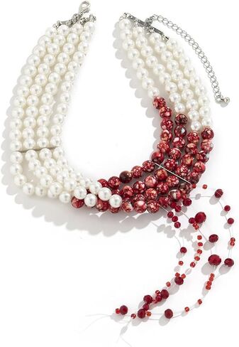 Dripping Blood Necklace Imitation Pearl Necklace Vampire Necklace Multilayer Pearl Necklace Blood Red Necklace Pearl Choker Neck Halloween Bloody Costume Jewelry for Women in Saudi Arabia