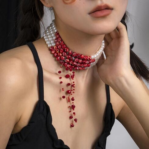 Dripping Blood Necklace Imitation Pearl Necklace Vampire Necklace Multilayer Pearl Necklace Blood Red Necklace Pearl Choker Neck Halloween Bloody Costume Jewelry for Women in Saudi Arabia