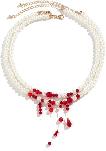 Dripping Blood Necklace Imitation Pearl Necklace Vampire Necklace Multilayer Pearl Necklace Blood Red Necklace Pearl Choker Neck Halloween Bloody Costume Jewelry for Women in Saudi Arabia
