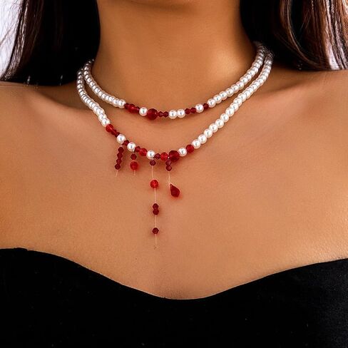 Dripping Blood Necklace Imitation Pearl Necklace Vampire Necklace Multilayer Pearl Necklace Blood Red Necklace Pearl Choker Neck Halloween Bloody Costume Jewelry for Women in Saudi Arabia