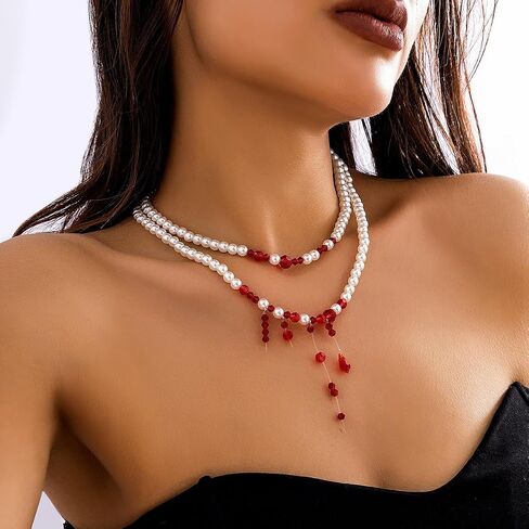 Dripping Blood Necklace Imitation Pearl Necklace Vampire Necklace Multilayer Pearl Necklace Blood Red Necklace Pearl Choker Neck Halloween Bloody Costume Jewelry for Women in Saudi Arabia