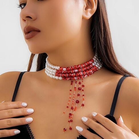 Dripping Blood Necklace Imitation Pearl Necklace Vampire Necklace Multilayer Pearl Necklace Blood Red Necklace Pearl Choker Neck Halloween Bloody Costume Jewelry for Women in Saudi Arabia