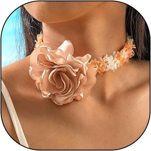 FUTIMELY Unique Rose Flower Choker Necklace for Women,Big Lace Braided Floral Collar Necklace for Bride,Fashion Camellia Flower Short Neck Accessories in Kuwait