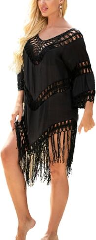 Womens Swimsuit Cover Up Crochet Bikini Coverups Summer Beach Bathing Suit Hollow Out Tassel Dress in Saudi Arabia