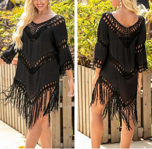 Womens Swimsuit Cover Up Crochet Bikini Coverups Summer Beach Bathing Suit Hollow Out Tassel Dress in Saudi Arabia