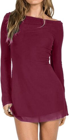 Women Sexy Boat Neck Backless Mesh Mini Dress Solid Slim Fit Bell Long Sleeve Self Tie Back Sheer Short Dresses in Kuwait