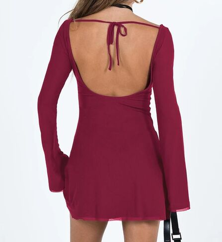 Women Sexy Boat Neck Backless Mesh Mini Dress Solid Slim Fit Bell Long Sleeve Self Tie Back Sheer Short Dresses in Kuwait