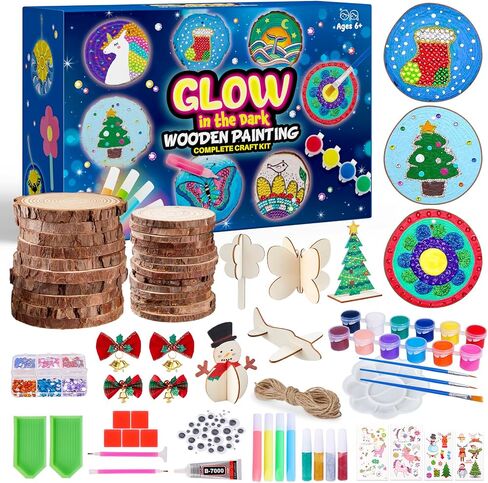 Minetom Kids Wooden Painting Kit-Glow in The Dark，26 pcs Wood Slice Craft Activities Kits-Arts & Crafts Gifts for Boys Girls Ages 5-12,Creative Art Toys for 5, 6, 7, 8, 9, 10, 11 & 12 Year Old Kids in Saudi Arabia