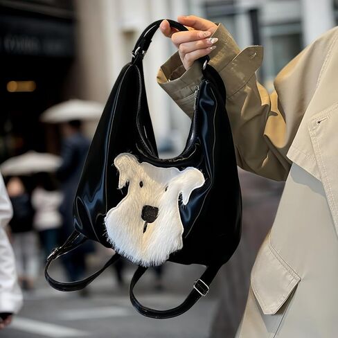 Women's Silk Luster PU Leather Shoulder Bag Hobo Tote Backpack with Cute Furry Animal Pattern (Black) in Saudi Arabia