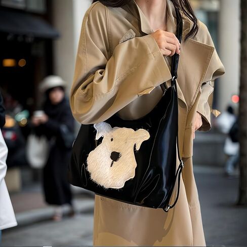 Women's Silk Luster PU Leather Shoulder Bag Hobo Tote Backpack with Cute Furry Animal Pattern (Black) in Saudi Arabia