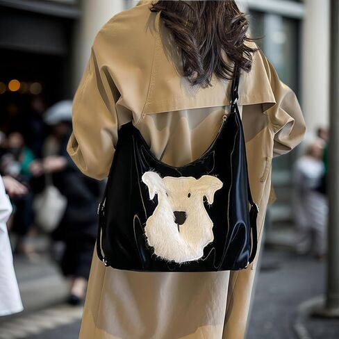 Women's Silk Luster PU Leather Shoulder Bag Hobo Tote Backpack with Cute Furry Animal Pattern (Black) in Saudi Arabia