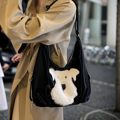 Women's Silk Luster PU Leather Shoulder Bag Hobo Tote Backpack with Cute Furry Animal Pattern (Black) in Saudi Arabia