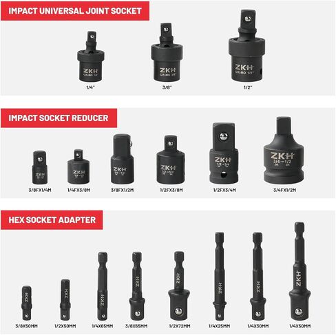 ZKH Impact Socket Adapter and Reducer Set, 17 PCS Drill Socket Sdapter with Foam Tray for Impact Driver Conversions, 1/4" 3/8" 1/2", Cr-Mo in Saudi Arabia