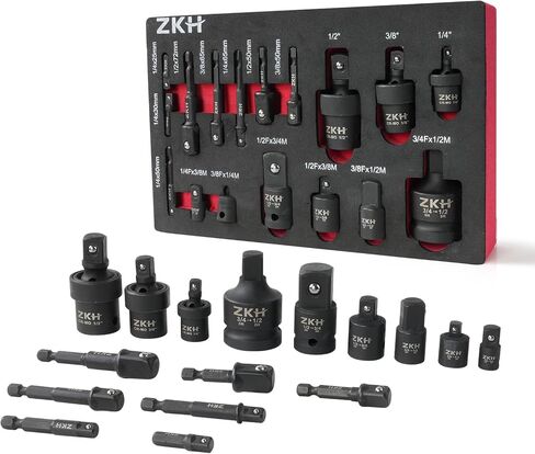 ZKH Impact Socket Adapter and Reducer Set, 17 PCS Drill Socket Sdapter with Foam Tray for Impact Driver Conversions, 1/4" 3/8" 1/2", Cr-Mo in Saudi Arabia
