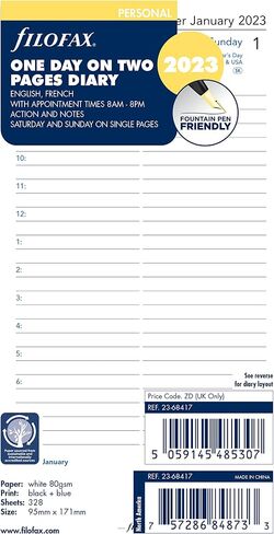 Filofax Calendar Diary Refill, Personal/Compact Size, Day on Two Pages with Appointments, White Paper, Bilingual, 2025 (C68417-25) in Saudi Arabia