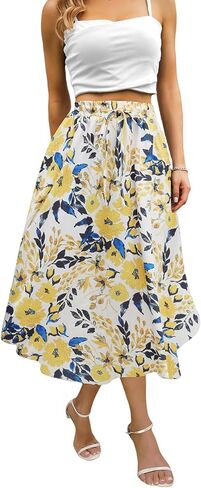 Maxi Skirts for Women with Pockets Long Midi Length Casual Skirt for Beach Party Holiday Blue Floral in Saudi Arabia