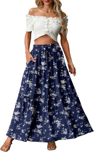 Lepunuo Womens Casual Boho High Waisted Flowy Maxi Skirts Trendy Floral Cute Long Skirts with Pockets in Kuwait